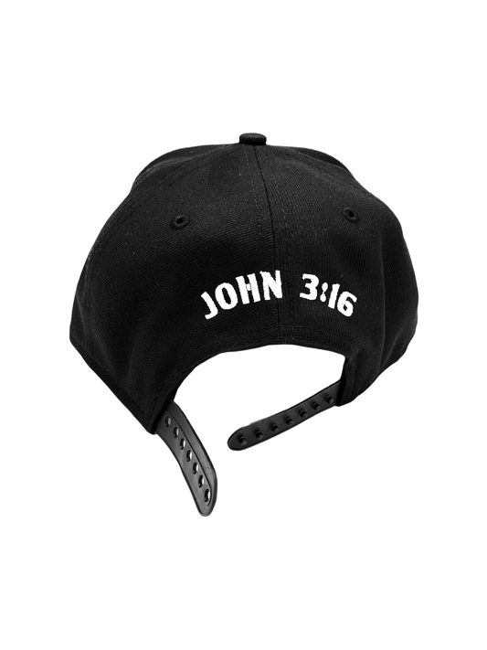 John 3:16 New Era Embroidered Black & White Flat Bill Snapback Cap